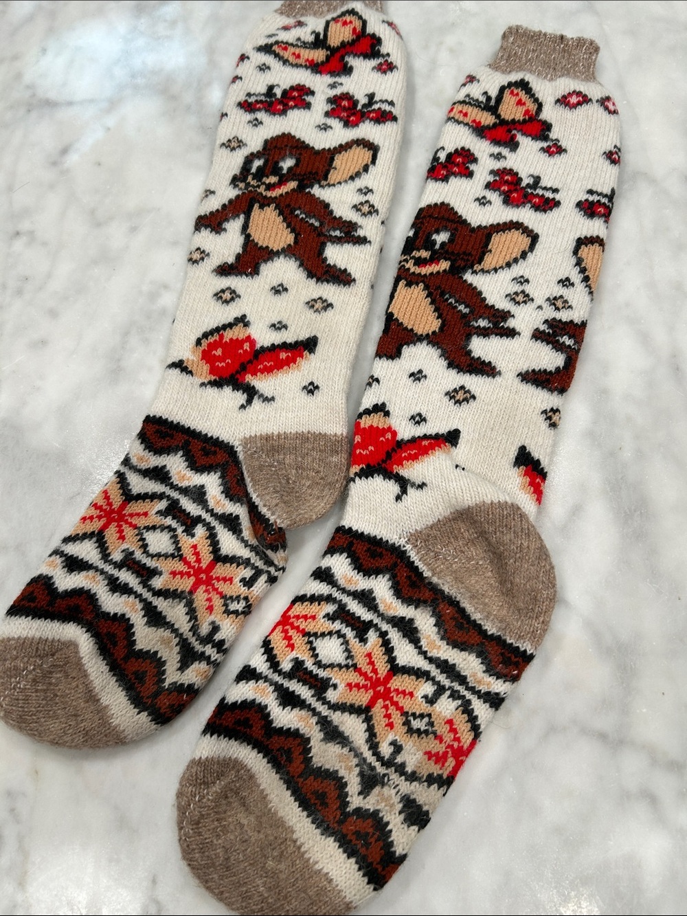 Hand-Knit Cozy Cream & Brown Soft Wool Tom and Jerry Ski Socks (Just Jerry)!